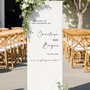 Cartello di benvenuto per matrimonio in tessuto personalizzato, cartello di matrimonio in lino personalizzato, decorazioni per matrimonio boho, cartello per cerimonia moderno, cartello in tessuto rustico