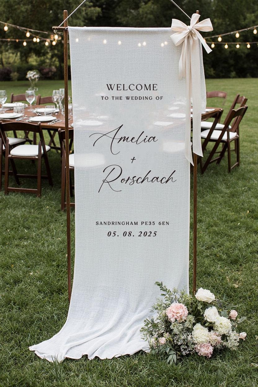 Benutzerdefinierte Stoff Hochzeit Willkommensschild, personalisierte Leinen Hochzeitsschild, Boho Hochzeitsdeko, moderne Zeremonie Zeichen, rustikale Stoff Zeichen
