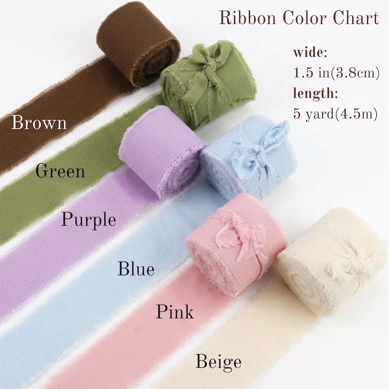 May include: A ribbon color chart displays various shades of fabric ribbon, including brown, green, purple, blue, pink, and beige. Each ribbon is 1.5 inches (3.8cm) wide and 5 yards (4.5m) long. The chart includes the text "Ribbon Color Chart".