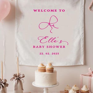 May include: A baby shower scene with a banner that reads "Welcome to Elle's Baby Shower 22.02.2025." The table is set with a cake, cupcakes, gifts, and balloons. The cake is white with two cupcakes on top.