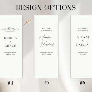 May include: Three white wedding welcome signs with black text. The signs display names, dates, and locations. The top of the image reads "DESIGN OPTIONS". The signs are labeled #4, #5, and #6.