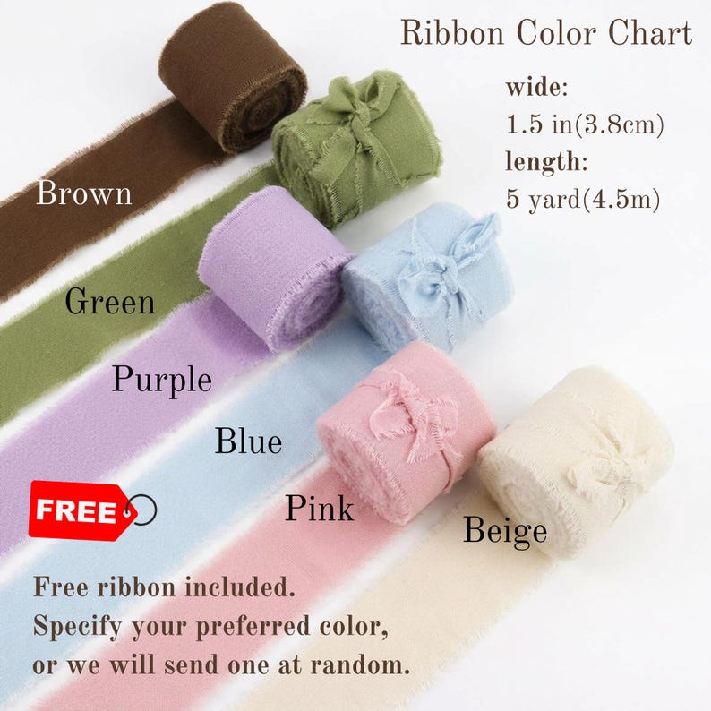 May include: A ribbon color chart displaying six rolls of fabric ribbon in brown, green, purple, blue, pink, and beige. Each roll is 1.5 inches wide and 5 yards long. The text Ribbon Color Chart, wide: 1.5 in(3.8cm), length: 5 yard(4.5m) is visible.
