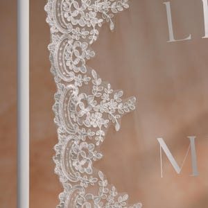 May include: Close-up of white lace trim with floral and leaf patterns. The delicate lace is against a soft, peach-colored background. The letters "LI" and "M" are visible in the background.