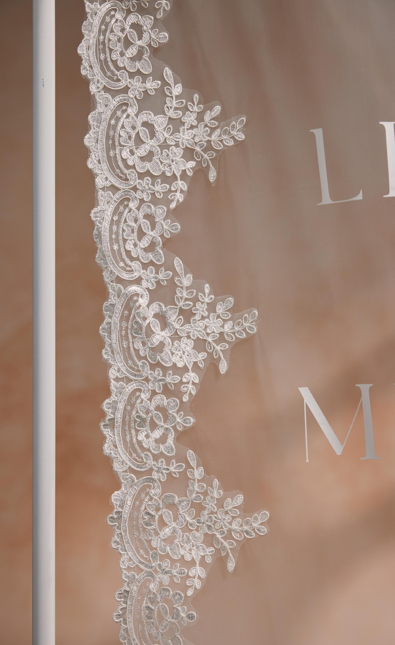 May include: Close-up of white lace trim with floral and leaf patterns. The delicate lace is against a soft, peach-colored background. The letters "LI" and "M" are visible in the background.