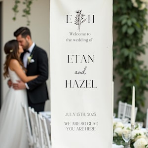 Cartello di benvenuto per matrimonio in tessuto personalizzato, cartello di matrimonio in lino personalizzato, decorazioni per matrimonio boho, cartello per cerimonia moderno, cartello in tessuto rustico