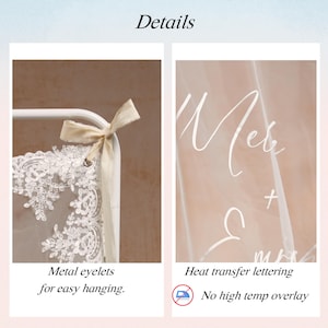 May include: Details of a wedding veil with white lace and metal eyelets for easy hanging. The veil features heat transfer lettering and is designed without a high-temperature overlay.