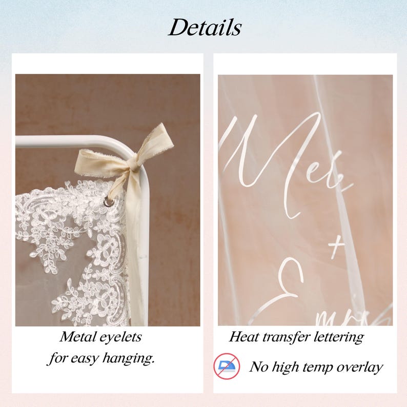 May include: Details of a wedding veil with white lace and metal eyelets for easy hanging. The veil features heat transfer lettering and is designed without a high-temperature overlay.