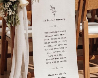 Reserviert Hochzeit Gedenkstuhl Schild, Benutzerdefiniertes Gedenkhochzeitsschild, Hochzeitsstuhl Banner In Erinnerung an die Lieben, personalisiertes Stoffschild