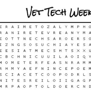 Puede incluir: Un juego de búsqueda de palabras en blanco y negro con el texto "Vet Tech Week 2022". El rompecabezas contiene palabras relacionadas con la medicina veterinaria, como "termómetro" y "anatomía".