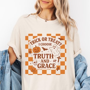 Trick or treat shirt, christian halloween, halloween shirt, ghost shirt, fall season tee, christian apparel,religious shirt,jesus fall shirt