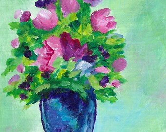May include: A blue vase filled with pink and purple flowers on a blue table. The flowers are painted in a loose, impressionistic style.