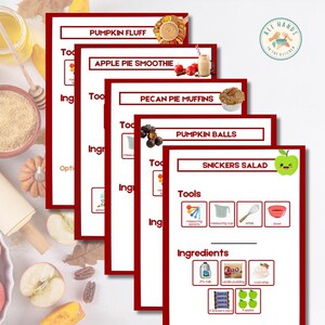 May include: A collection of recipe cards with red borders and white backgrounds. Recipes include Pumpkin Fluff, Apple Pie Smoothie, Pecan Pie Muffins, Pumpkin Balls, and Snickers Salad. The Snickers Salad card shows tools and ingredients.