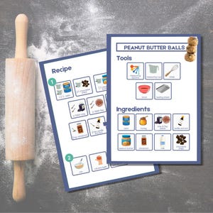 Cartão de receita visual para crianças pequenas - Bolas de manteiga de amendoim | Ferramentas, ingredientes e etapas da receita com imagens | Baixe, imprima, proteja e asse!