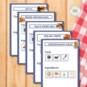 May include: Recipe cards with blue borders and white backgrounds, featuring sandwich recipes such as BLT+A, Finger Chicken Parm, Ham & Swiss Melt, Grilled Cheese & Tomato Soup, and Chicken Ranch Wrap. The cards also show tools and ingredients.