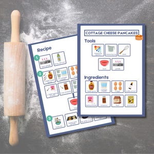Cartão de receita visual para crianças pequenas - Panquecas de queijo cottage | Ferramentas, ingredientes e etapas com imagens | Baixe, imprima, proteja e faça!