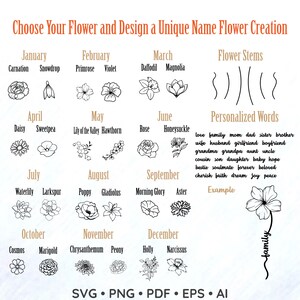 Fleur de naissance avec tige étendue pour membre de la famille • Fleur de mois de naissance personnalisée • Svg floral de grand-mère • Svg de tatouage floral DIY • Fichiers SVG pour Cricut