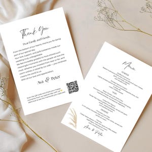 Menu de mariage moderne et modèle de carte de remerciement : code QR modifiable, 5 x 7 (fichiers à téléchargement numérique)