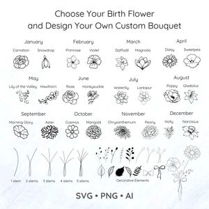 カスタム誕生花ブーケ • DIY フラワーデザイン • 茎と葉の SVG • カスタム誕生月の花 • 花のタトゥー SVG • Cricut 用 SVG ファイル