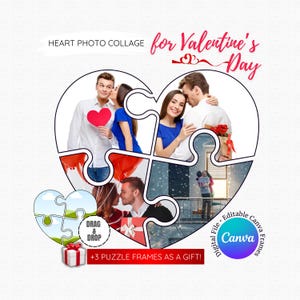 Colagem de fotos de quebra-cabeça de coração, modelos editáveis do Canva, molduras de arrastar e soltar do Canva, presente personalizado para casal no dia dos namorados, presente romântico para ela