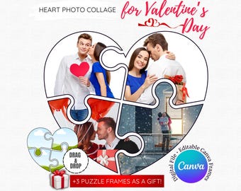 Heart Puzzle Photo Collage: Valentine's Day Canva Template (Digital Download)