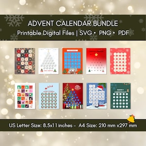 Lot de calendrier de l'Avent imprimable, calendrier de l'Avent SVG, Noël calendriers de l'Avent, calendriers compte à rebours Noël, jours jusqu'à Noël