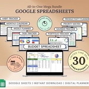 Op de afbeelding: Een advertentie voor een digitale plannerbundel met meerdere laptopschermen met spreadsheet-sjablonen. De tekst bevat "All-in-One Mega Bundle", "Google Spreadsheets" en verschillende trackertypes. Een cirkelvormige badge luidt "Limited Time Deal 30 Spreadsheets."