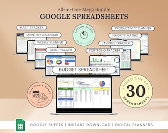 All-in-One Life Planner Google Sheets Bundle: Daily Planners Package, Budget Trackers, Productivity & Finance Spreadsheets, 30 Templates