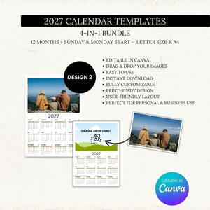 K&ouml;nnte beinhalten: Ein digitales 2027 Kalendervorlagen-Bundle mit einem Landschaftsfoto und dem Text "2027 CALENDAR TEMPLATES". Das Design beinhaltet ein 4-in-1-Bundle, bearbeitbar in Canva, mit Drag-and-Drop-Bildfunktion und ist in Letter- und A4-Gr&ouml;&szlig;en erh&auml;ltlich.