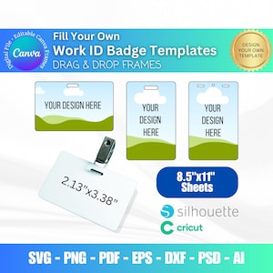Modelli di badge identificativi di lavoro • Carte d'identità modificabili • Etichette per dipendenti d'ufficio • Cornici trascinabili Canva • Etichette con nome • File SVG per Cricut