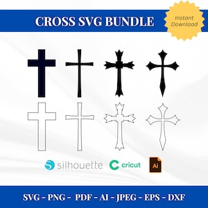 Puede incluir: Un conjunto de ocho diseños de cruz SVG en blanco y negro. Las cruces son de varios estilos, incluyendo simples, ornamentadas y con extremos puntiagudos. Los diseños son perfectos para manualidades, scrapbooking y otros proyectos creativos.