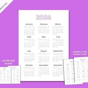 以下が含まれることがあります： 紫色の背景に、2026年の白いカレンダー。1月から12月までの月が表示されています。小さなカレンダーも表示されています。「インスタントダウンロード」、「印刷可能なカレンダー - デジタルダウンロード」、「A4サイズ」というテキストが含まれています。