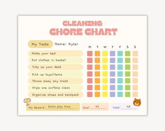 Może przedstawiać: Kolorowy wykres obowiązków z napisem "CLEANING CHORE CHART" na górze. Wykres zawiera zadania takie jak ścielenie łóżka i zbieranie zabawek. Nagrodą jest dodatkowy czas na zabawę. Na wykresie widnieje imię "Kyler".
