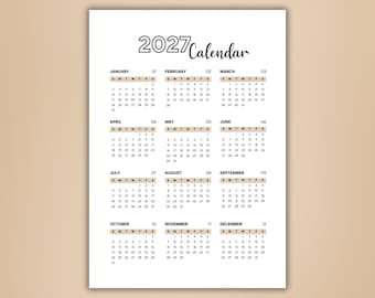 2027 Calendar PDF - Printable Wall Calendar - Instant Digital Download