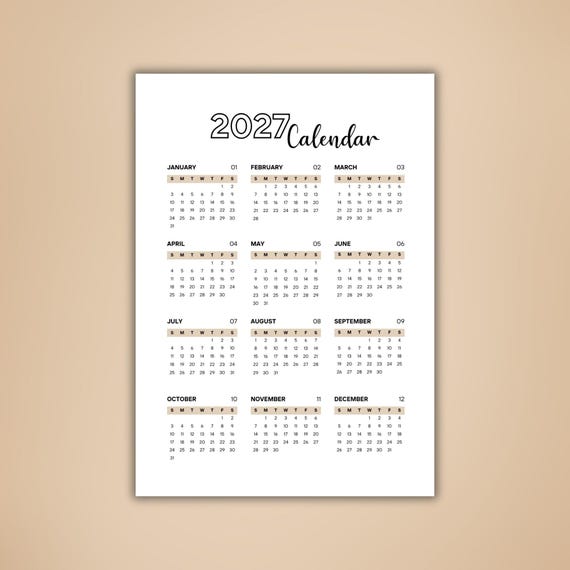 2027 Calendar PDF - Printable Wall Calendar - Instant Digital Download - Etsy