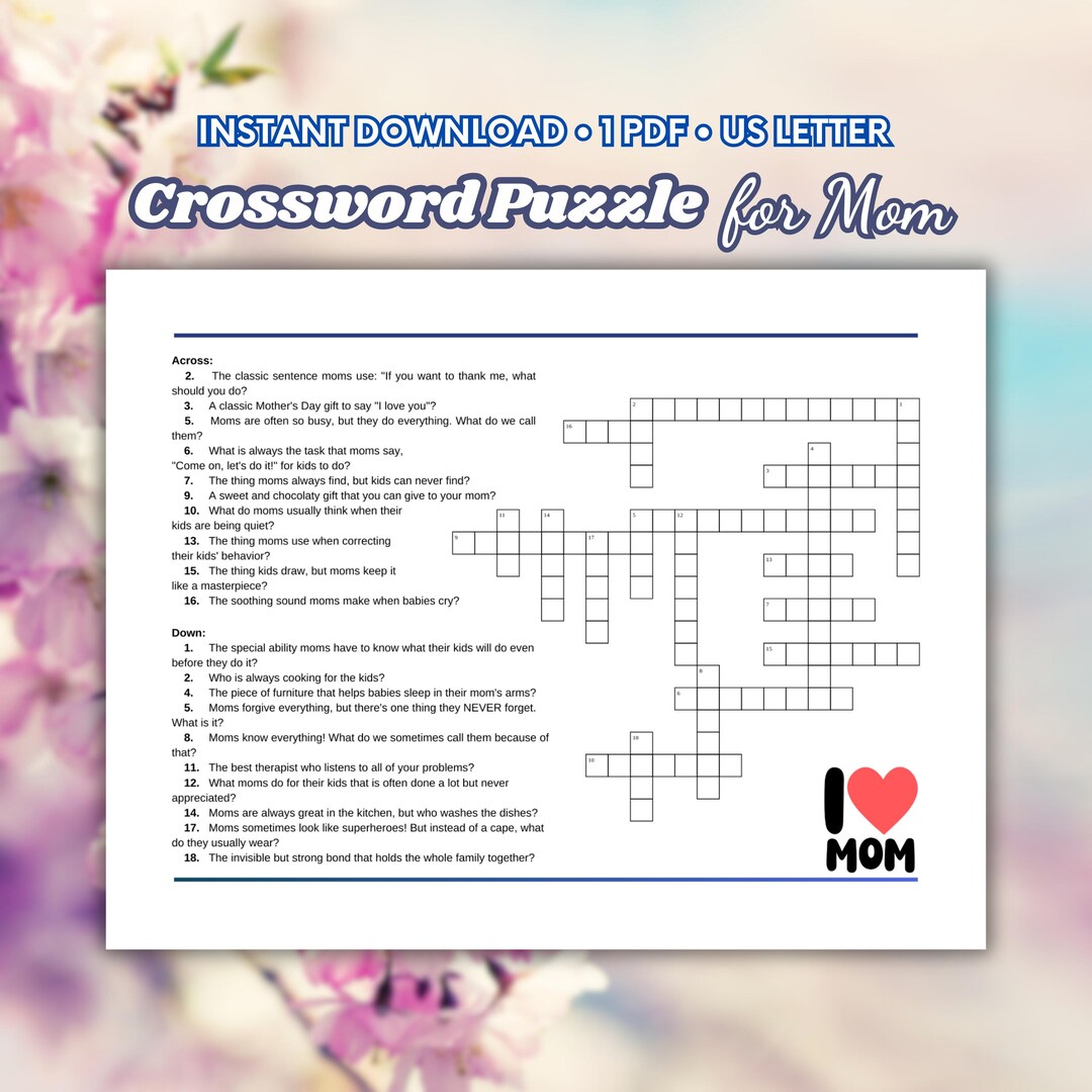 Funny Crossword Puzzle for Mom • Printable Mothers Day Game • US Letter ...