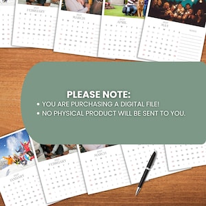 May include: A collection of 2027 calendars with various images, including a family and a dog. The calendars are arranged on a wooden surface. The image also includes a note stating that the product is a digital file.