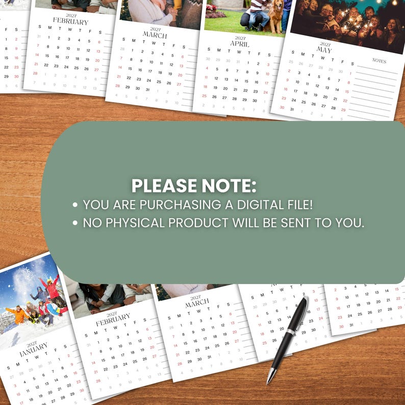 May include: A collection of 2027 calendars with various images, including a family and a dog. The calendars are arranged on a wooden surface. The image also includes a note stating that the product is a digital file.