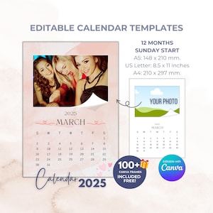 Plantilla de calendario mensual 2025, plantilla editable de Canva, calendario de 12 meses, calendario con marcos de Canva, inicio en domingo, calendario A4, carta de EE. UU.