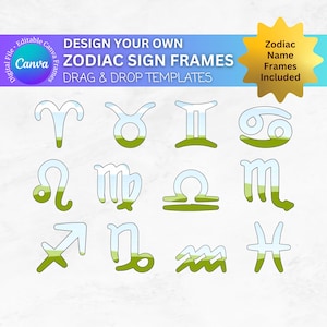 Pacchetto di modelli Canva per segni zodiacali, cornici Canva con funzione drag-and-drop, Bilancia fai da te in formato SVG, modelli di astrologia Canva, segni zodiacali modificabili, Toro fai da te in formato SVG