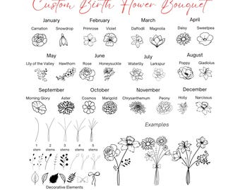 Custom Birth Flower Bouquet: DIY Birth Month Flower Bouquet SVG, Floral Tattoos Design, Digital Art Print