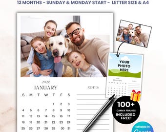 2026 Calendar Photo Template: Monthly Wall Calendar, Canva Editable, Planner Templates, Digital Download