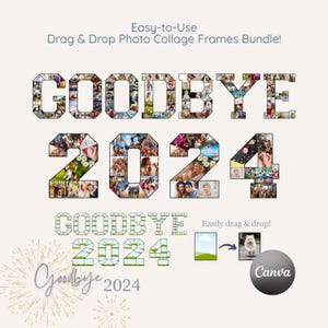 Zestaw szablonów kolaży fotograficznych Goodbye 2024, obchody Nowego Roku 2025, ramki typu „przeciągnij i upuść” Canva, ramki Goodbye 2024, niestandardowe ramki do zdjęć