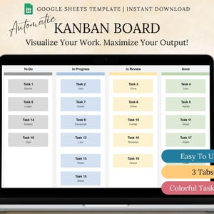 Puede incluir: Una pantalla de portátil muestra una plantilla digital de tablero Kanban. El tablero está dividido en columnas: Por hacer, En progreso, En revisión y Hecho. La plantilla incluye el texto "Automatic Kanban Board" y "Visualize Your Work. Maximize Your Output!"