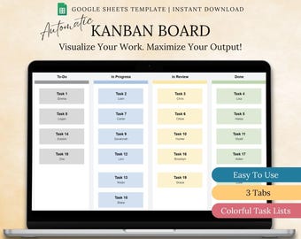 May include: A laptop screen displays a digital Kanban board template. The board is divided into columns: To-Do, In Progress, In Review, and Done. The template includes the text "Automatic Kanban Board" and "Visualize Your Work. Maximize Your Output!"