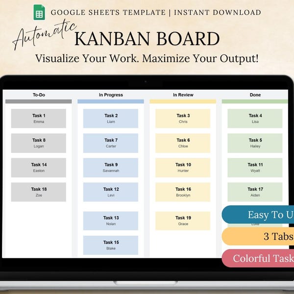 Modello di bacheca Kanban: monitoraggio delle attività di gestione dei progetti (download digitale di Fogli Google)