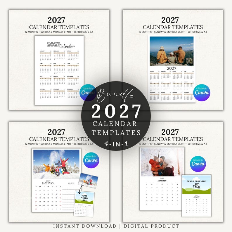 K&ouml;nnte beinhalten: Ein 4-in-1-Bundle mit Kalendervorlagen f&uuml;r 2027. Jede Vorlage verf&uuml;gt &uuml;ber ein 12-Monats-Layout mit Sonntags- und Montagsstartoptionen. Die Vorlagen sind in den Formaten Letter und A4 erh&auml;ltlich. Die Kalender enthalten den Text "2027 Calendar".