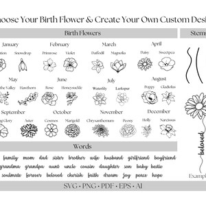 Fleur de naissance bricolage personnalisée, conception de tatouage de mois de naissance grand-mère, téléchargement numérique SVG famille, clipart floral amitié, anniversaire et cadeau commémoratif