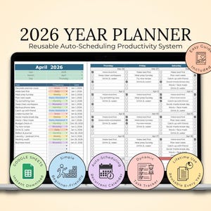 Könnte beinhalten: Ein Laptop-Bildschirm zeigt einen Jahresplaner 2026, ein wiederverwendbares Auto-Scheduling-Produktivitätssystem. Der Planer enthält ein Kalenderlayout mit Aufgabenlisten und Kontrollkästchen. Symbole heben Funktionen wie Google Sheets-Integration und einen dynamischen Task-Tracker hervor.