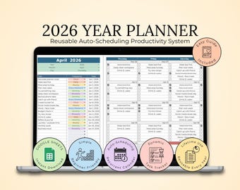 2026年版Googleスプレッドシートプランナーテンプレート：自動スケジュール機能付きデジタルプランナー、日次・週次・月次タスクトラッカー、動的カレンダー