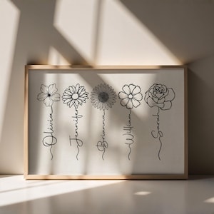 May include: A rectangular framed print featuring five black line-art flower illustrations arranged horizontally. Each flower stem is replaced by a cursive name: Olivia, Jennifer, Brianna, William, and Sarah. The print is on a light background.